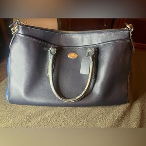 Coach Navy Leather Tote w/ Snakeskin Trim | Silver Hardware | Large Satchel